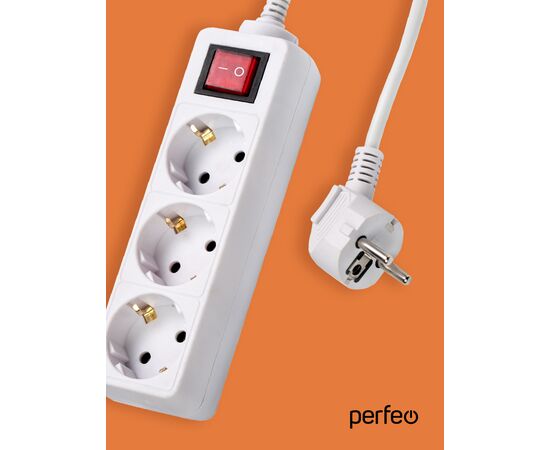  Сетевой удлинитель Perfeo  с кнопкой "POWERMATE", 3,0м, 3 розетки, белый(PF-PM-3/3,0-W) 